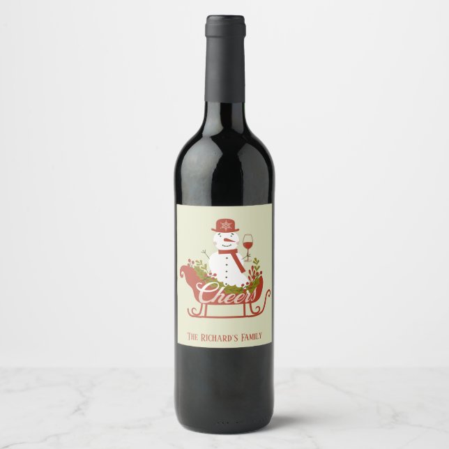 Cheers Snowman with Wine and Sled Christmas   Wine Label (Front)