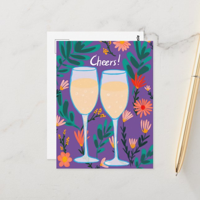 Cheers! Sparkling Wine Champagne Flowers Congrats  Postcard (Front/Back In Situ)
