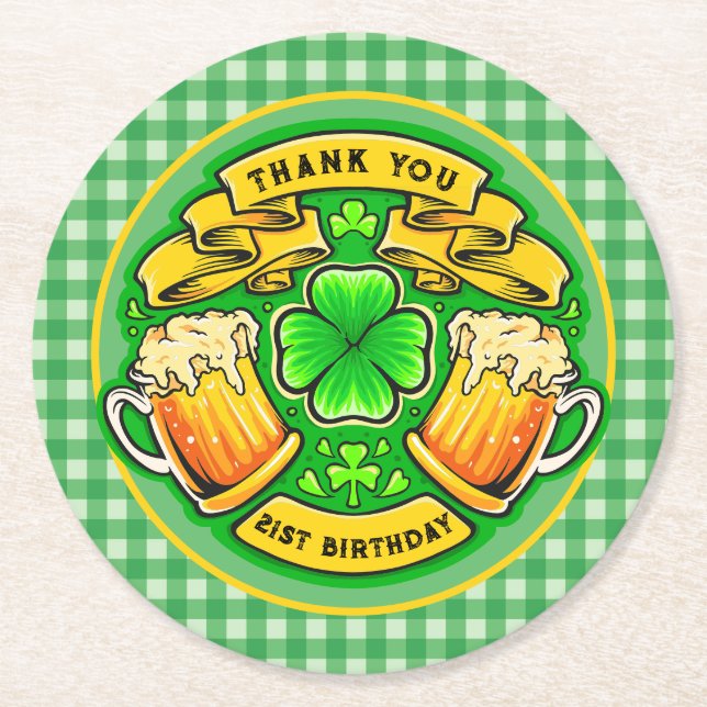 Cheers St. Patrick's Day Shamrock 21st Birthday  Round Paper Coaster (Front)
