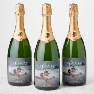 Cheers Stylish White Script Photo Wedding Sparkli Sparkling Wine Label