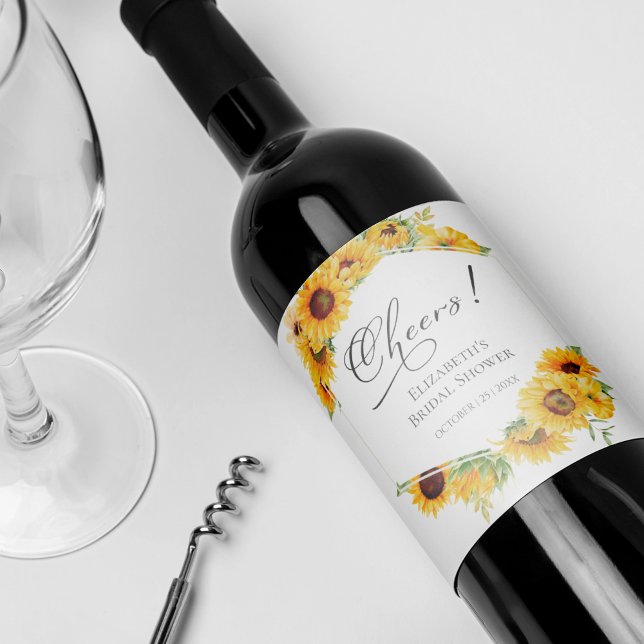 Cheers Sunflower Floral Fall Bridal Shower Wine Label (Creator Uploaded)