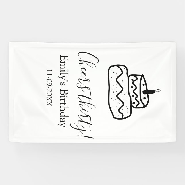 Cheers thirty birthday cake black scribble hand banner (Horizontal)