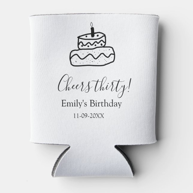 Cheers thirty birthday cake black scribble hand can cooler (Front)