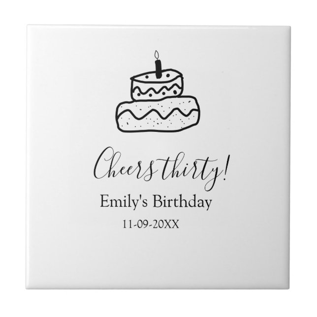 Cheers thirty birthday cake black scribble hand ceramic tile (Front)