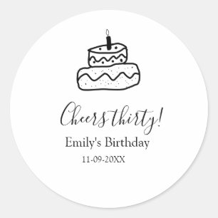 Cheers thirty birthday cake black scribble hand classic round sticker