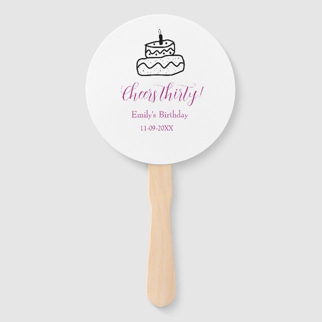 Cheers thirty birthday cake black scribble hand fan (Front)