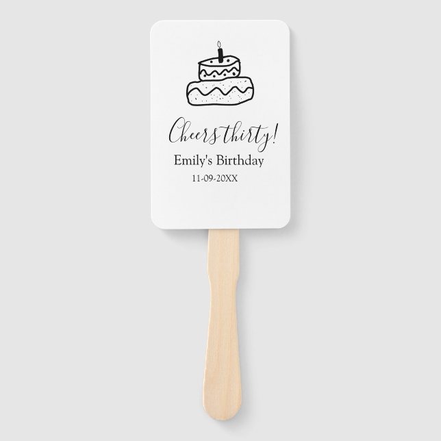 Cheers thirty birthday cake black scribble hand fan (Front)