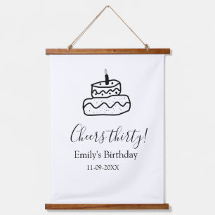 Cheers thirty birthday cake black scribble hand hanging tapestry