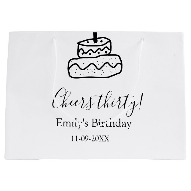 Cheers thirty birthday cake black scribble hand large gift bag (Front)