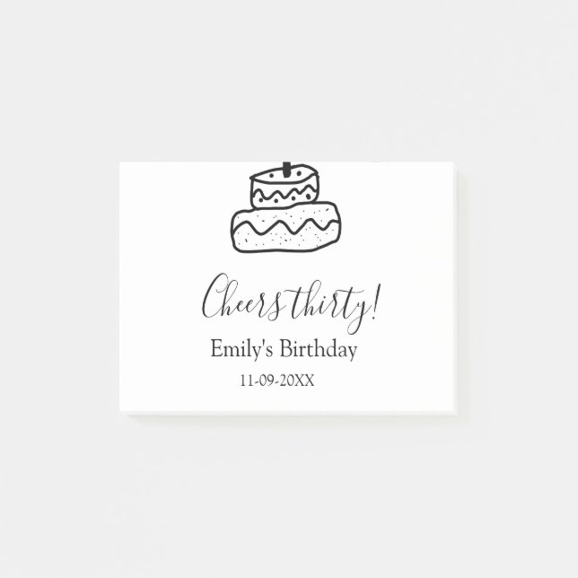 Cheers thirty birthday cake black scribble hand post-it notes (Front)