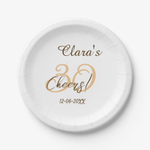 Cheers thirty birthday charcoal brown orange bold paper plate