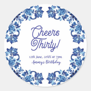 Cheers thirty birthday royal blue floral border na classic round sticker