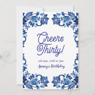 Cheers thirty birthday royal blue floral border na invitation