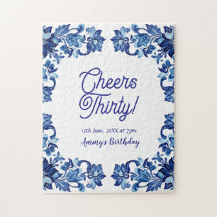 Cheers thirty birthday royal blue floral border na jigsaw puzzle