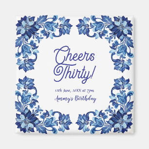 Cheers thirty birthday royal blue floral border na magnet