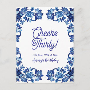 Cheers thirty birthday royal blue floral border na postcard