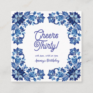 Cheers thirty birthday royal blue floral border na square business card