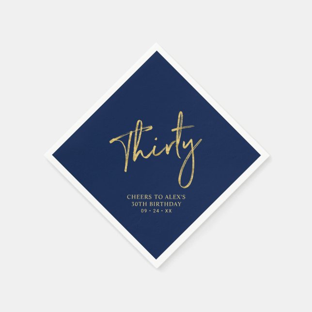 Cheers Thirty Modern Navy blue 30th Birthday Party Napkin (Corner)