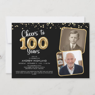 Cheers to 100 Years 2 Photos Script Balloon Invitation