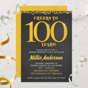 Cheers to 100 Years Birthday Gold Black Hundredth Invitation