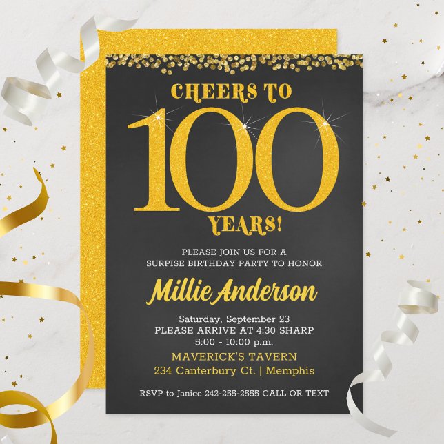 Cheers to 100 Years Birthday Gold Black Hundredth Invitation (Cheers to 100 Years Birthday Invitation)