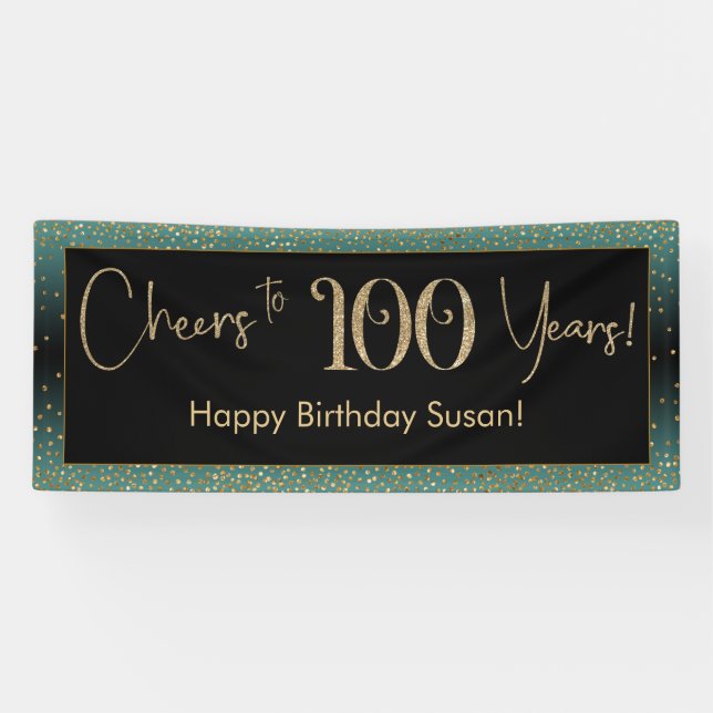 Cheers to 100 Years Birthday Light Teal Gold Black Banner (Horizontal)