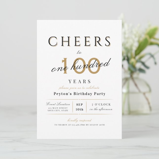 Cheers to 100 years elegant modern classy birthday invitation (Standing Front)