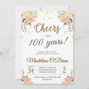 Cheers to 100 Years Floral Ladies Birthday Party Invitation