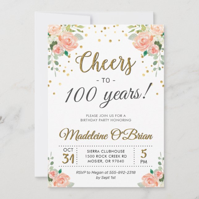 Cheers to 100 Years Floral Ladies Birthday Party Invitation (Front)