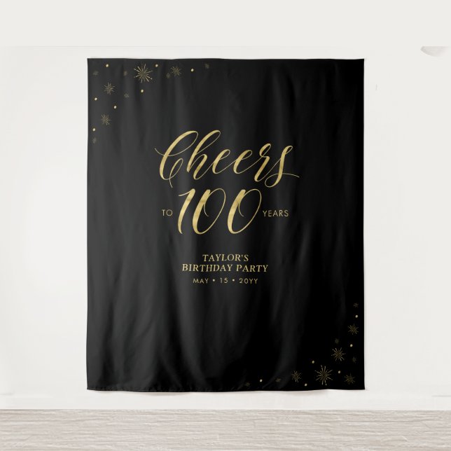 Cheers to 100 years, Gold & Black Birthday Party Tapestry (Front)
