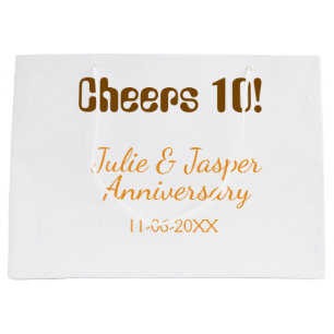 Cheers to 10th wedding anniversary brown orange large gift bag