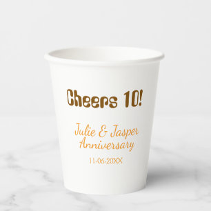 Cheers to 10th wedding anniversary brown orange paper cups