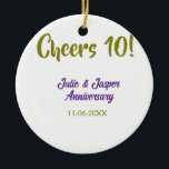 Cheers to 10th wedding anniversary purpl golden na ceramic ornament<br><div class="desc">simple business sticker</div>