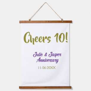 Cheers to 10th wedding anniversary purpl golden na hanging tapestry