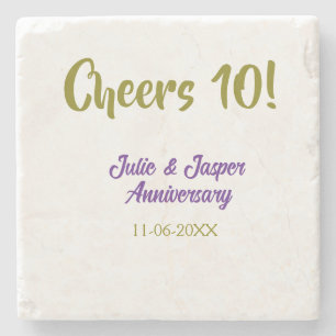 Cheers to 10th wedding anniversary purpl golden na stone coaster