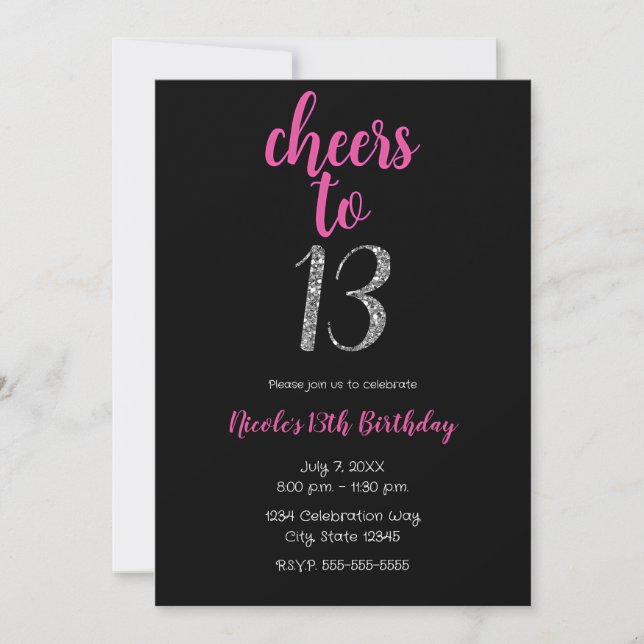 Cheers to 13 Pink Black Thirteenth Birthday Party Invitation (Front)