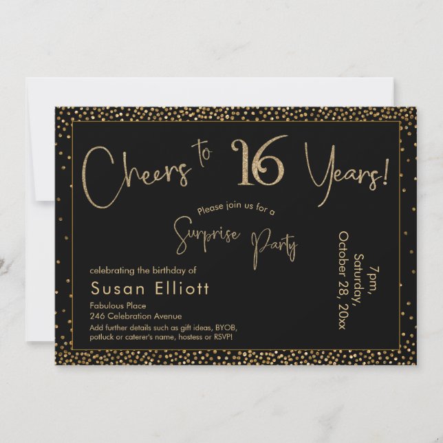 Cheers to 16 Years Surprise Birthday Gold & Black Invitation (Front)