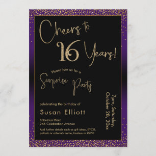 Cheers to 16 Years Surprise Birthday Party, Purple Invitation