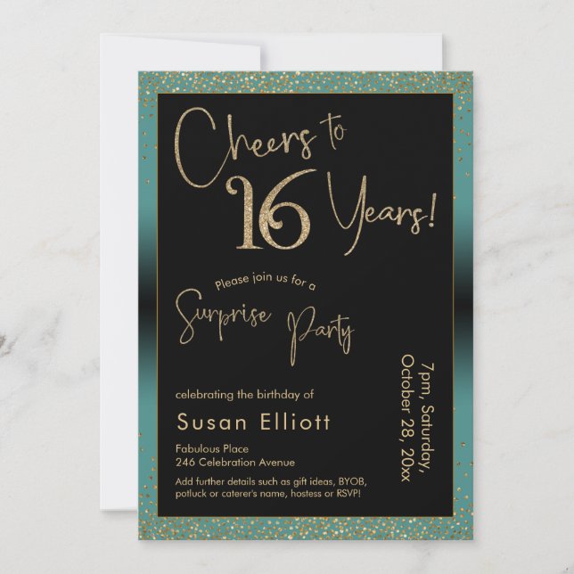 Cheers to 16 Years Surprise Birthday Party, Teal Invitation (Front)
