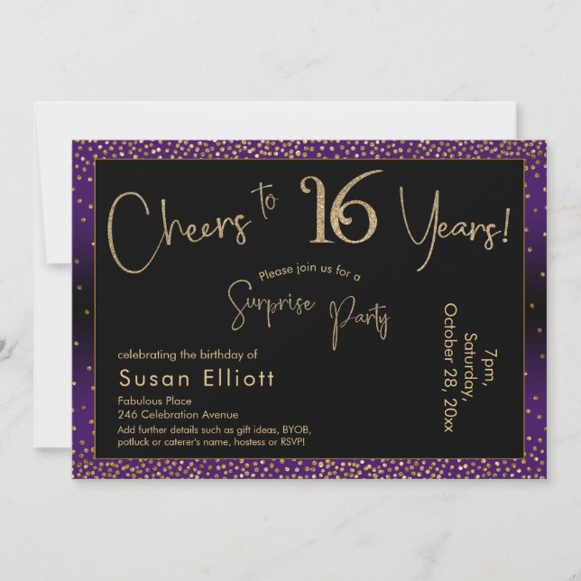 Cheers to 16 Years Surprise Birthday, Purple Invitation (Front)