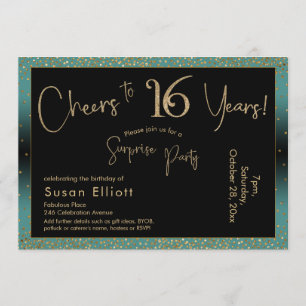 Cheers to 16 Years Surprise Birthday Teal and Gold Invitation