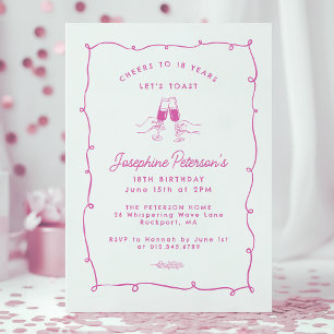 Cheers to 18 Years Pink Whimsical Doodle Invitation