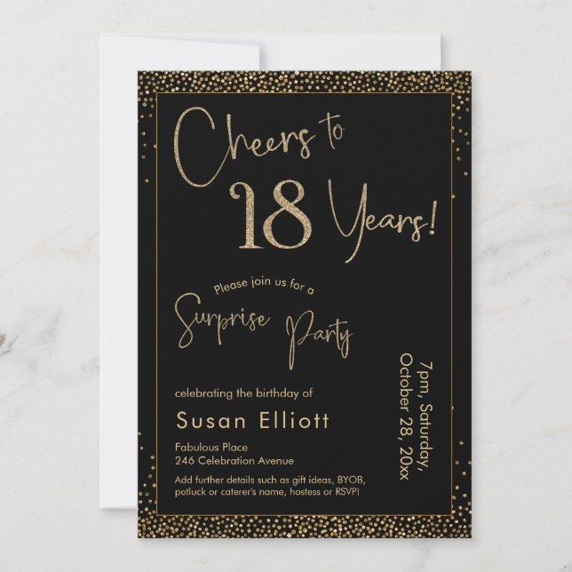 Cheers to 18 Years Surprise Birthday Party Black Invitation (Front)