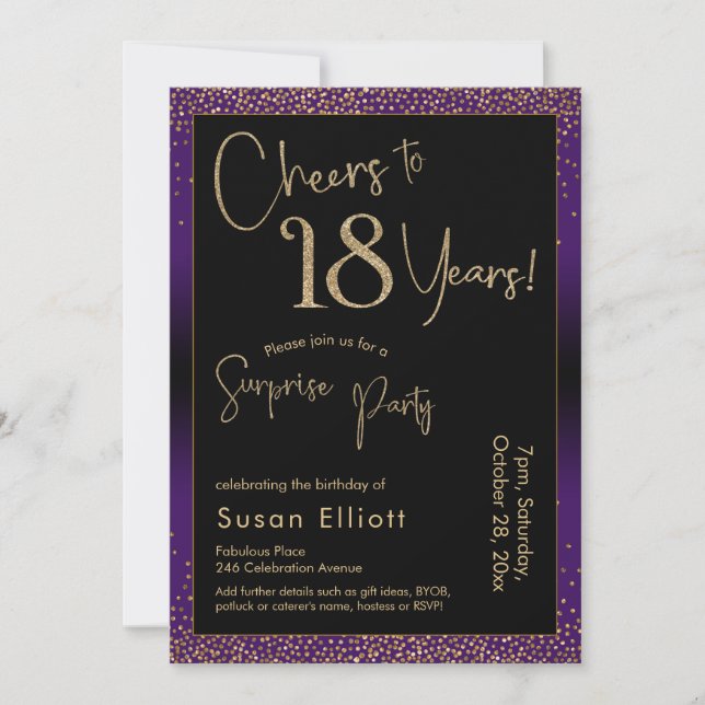 Cheers to 18 Years Surprise Birthday Party, Purple Invitation (Front)
