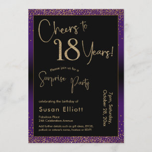 Cheers to 18 Years Surprise Birthday Party, Purple Invitation