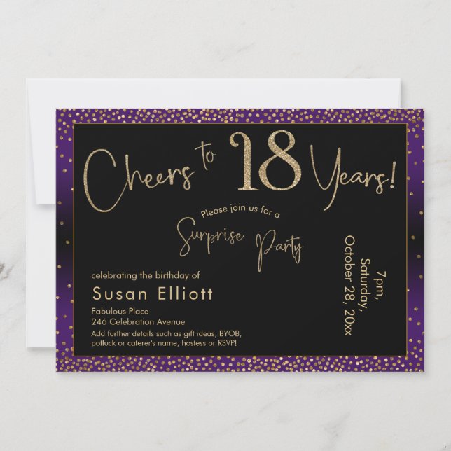 Cheers to 18 Years Surprise Birthday, Purple Invitation (Front)