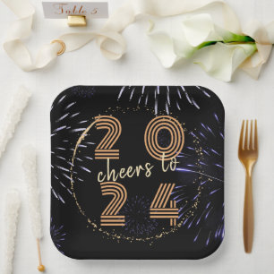 Cheers to 2024 Fireworks New Year Party Paper Plate