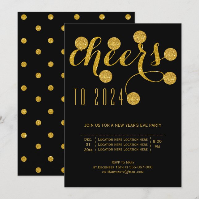 Cheers to 2024 gold New Year's Eve party black Invitation (Front/Back)