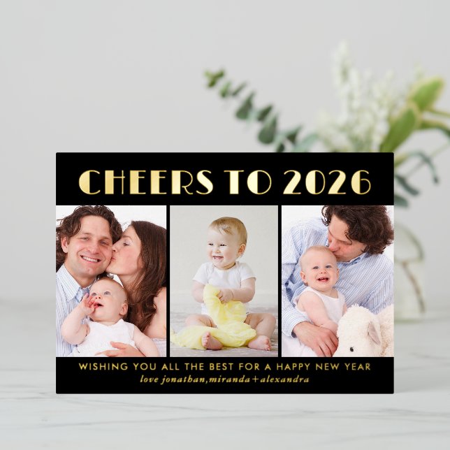 Cheers to 2024 New Year Photo Collage Gold Foil Holiday Card (Standing Front)