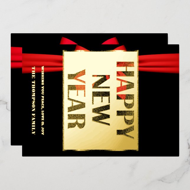 Cheers to 2024, red ribbon foil holiday card (Front/Back)